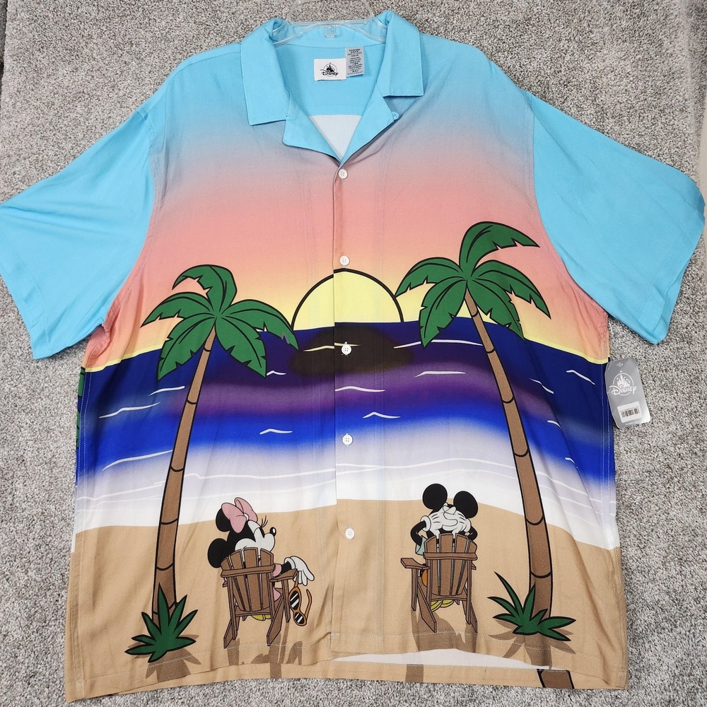 Disney Shirt Mens 3XL Multicolor Mickey Minnie Hawaiian Beach Tropical Button Up
